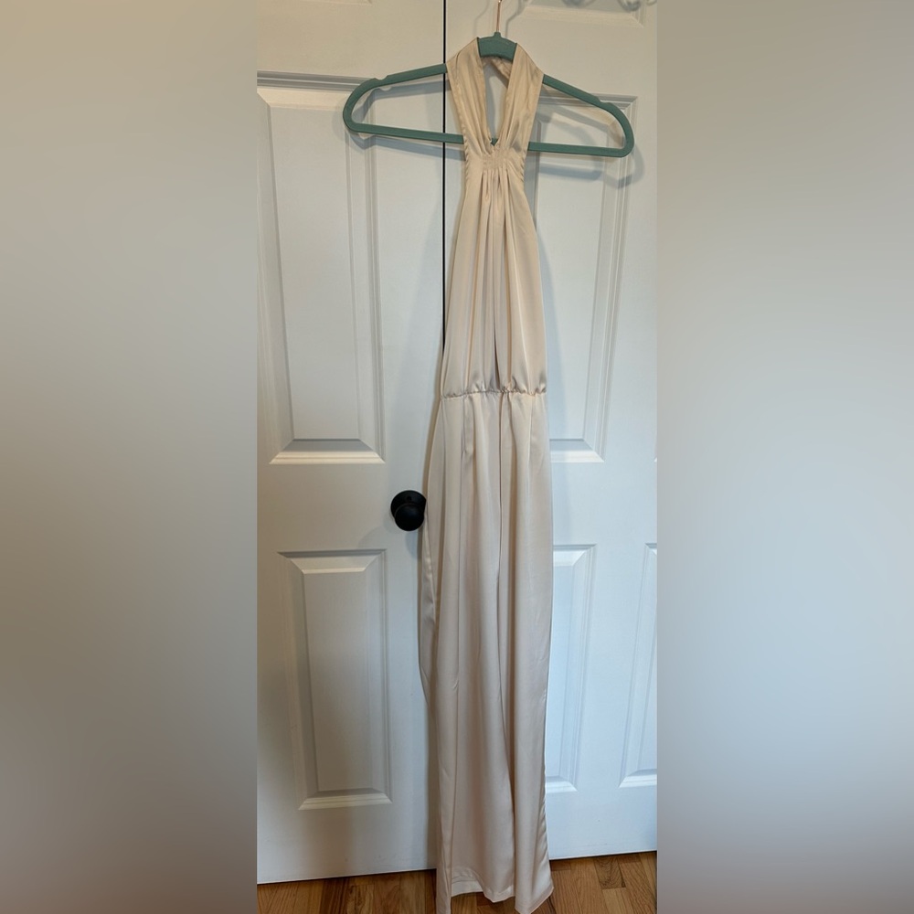 Ivory halter style satin jump suit from Pretty Little Things